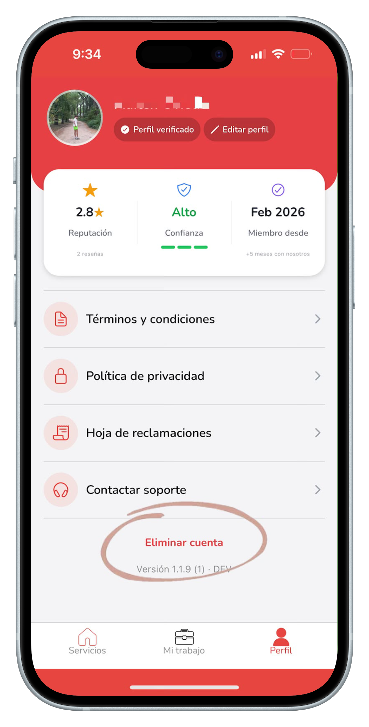 Pantalla de perfil de EstoyAcá con el botón Eliminar cuenta al final