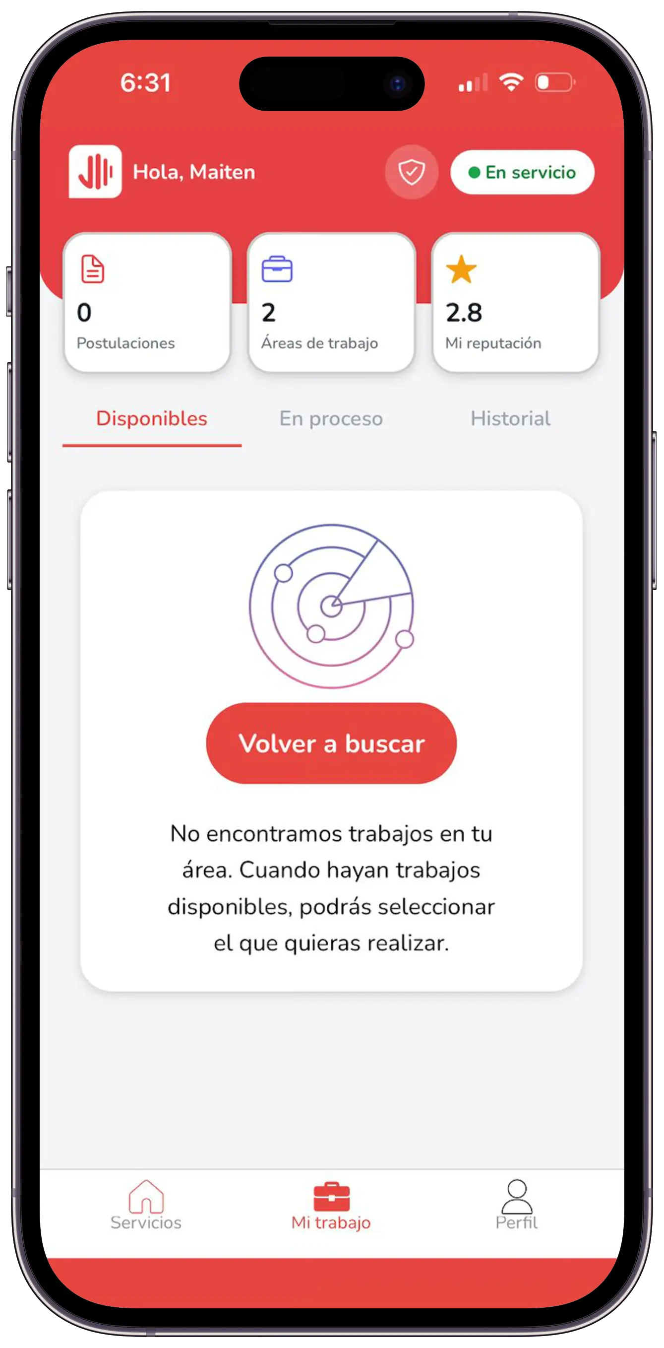 Pantalla de Mi Trabajo en la app EstoyAcá
