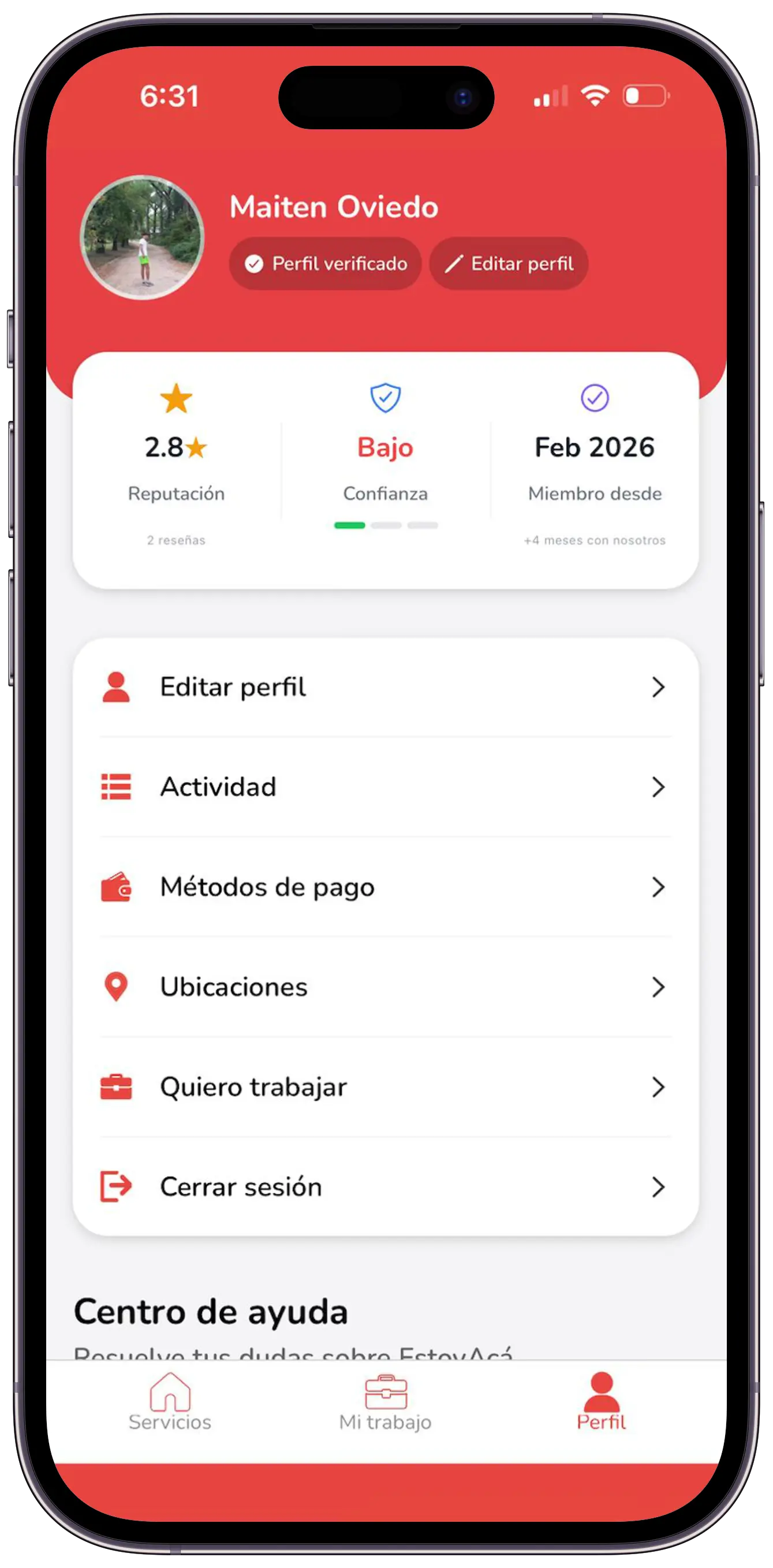 Pantalla de Perfil con reputación, confianza y verificación